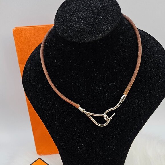 Hermès Brown Leather Silver-Tone Hook Bracelet - Picture 10 of 14